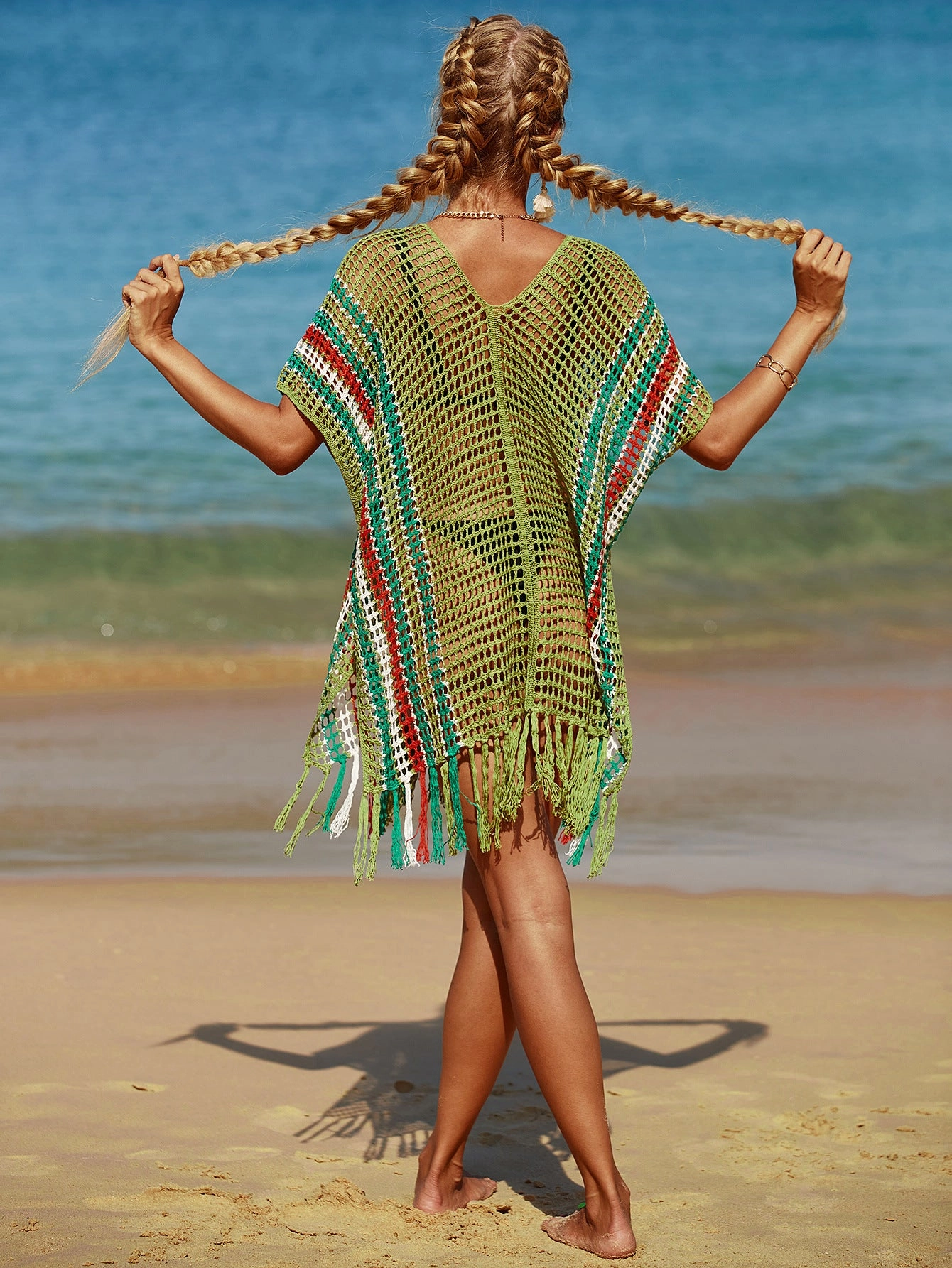 Women Hit Color Crochet Tassel Hem Pleats Hollow Out Cover Ups
