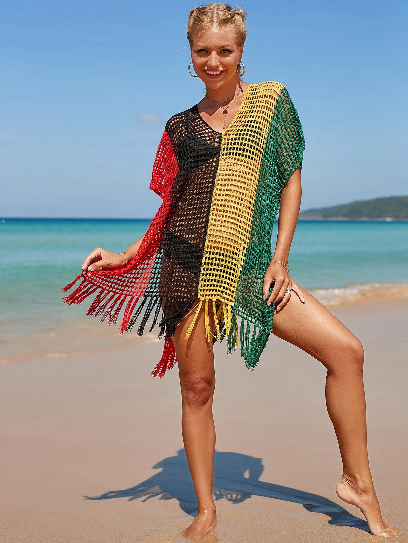 Women Hit Color Crochet Tassel Hem Pleats Hollow Out Cover Ups