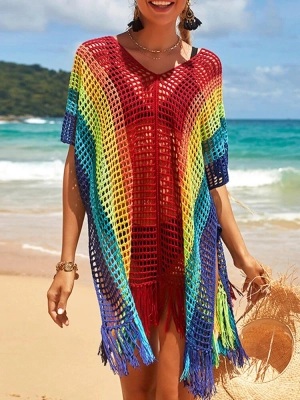 Women Hit Color Crochet Tassel Hem Pleats Hollow Out Cover Ups