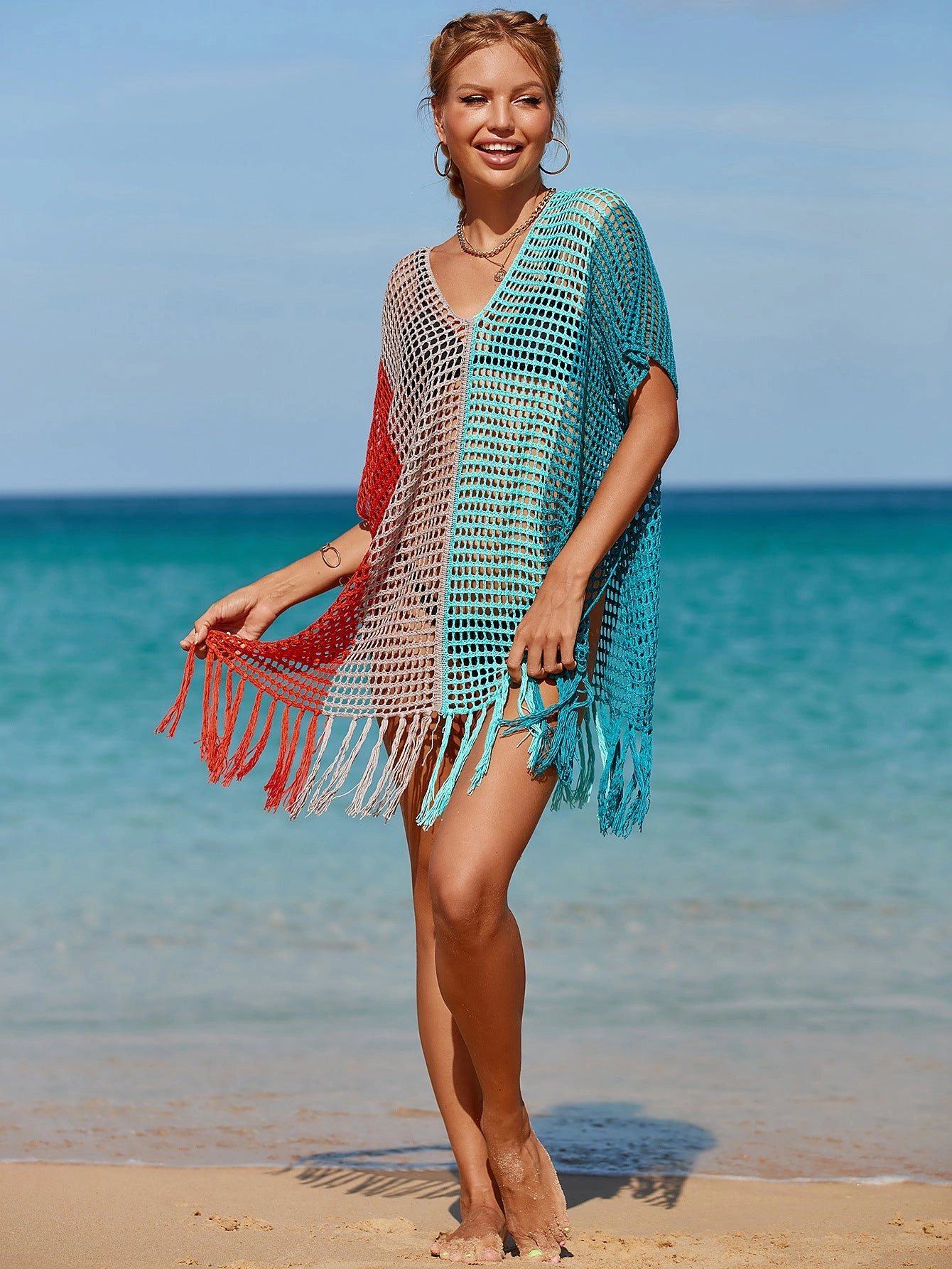 Women Hit Color Crochet Tassel Hem Pleats Hollow Out Cover Ups