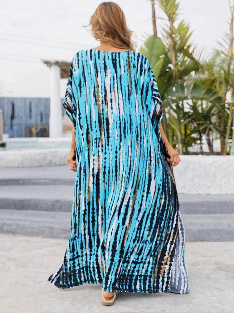 Women Print Beach Kaftan Dress Short Sleeve Plus Size Bathing Suit Cover Ups
