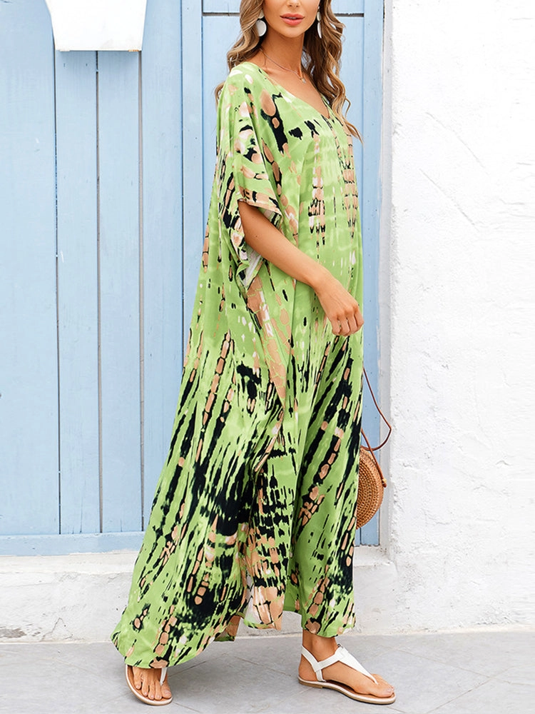 Women Print Beach Kaftan Dress Short Sleeve Plus Size Bathing Suit Cover Ups
