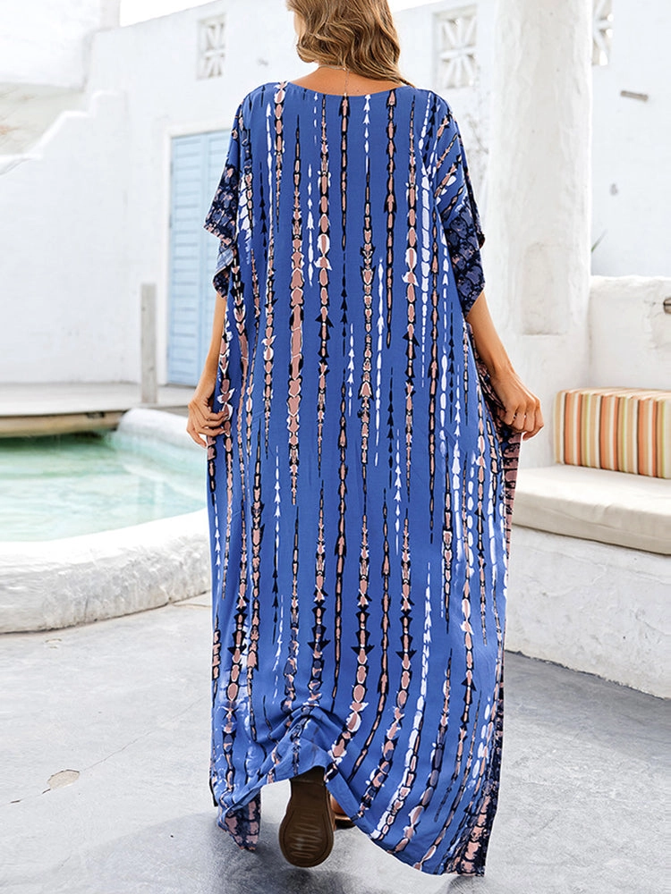 Women Print Beach Kaftan Dress Short Sleeve Plus Size Bathing Suit Cover Ups