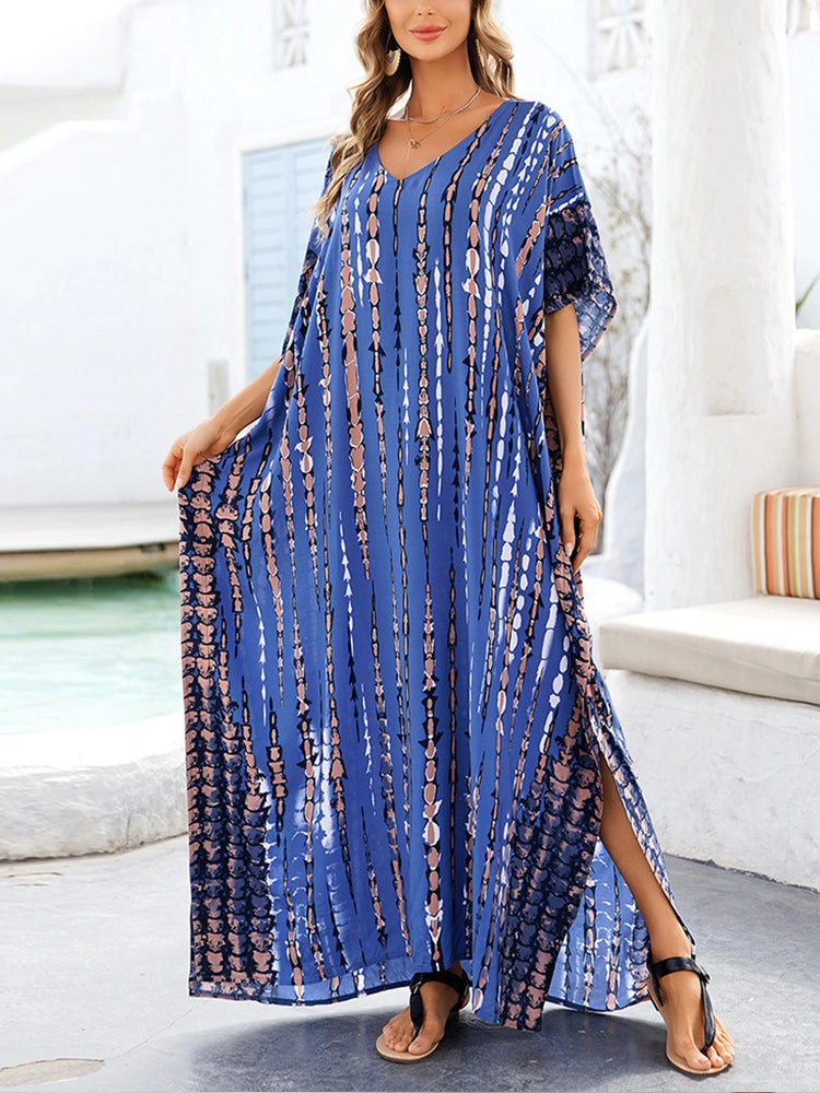 Women Print Beach Kaftan Dress Short Sleeve Plus Size Bathing Suit Cover Ups