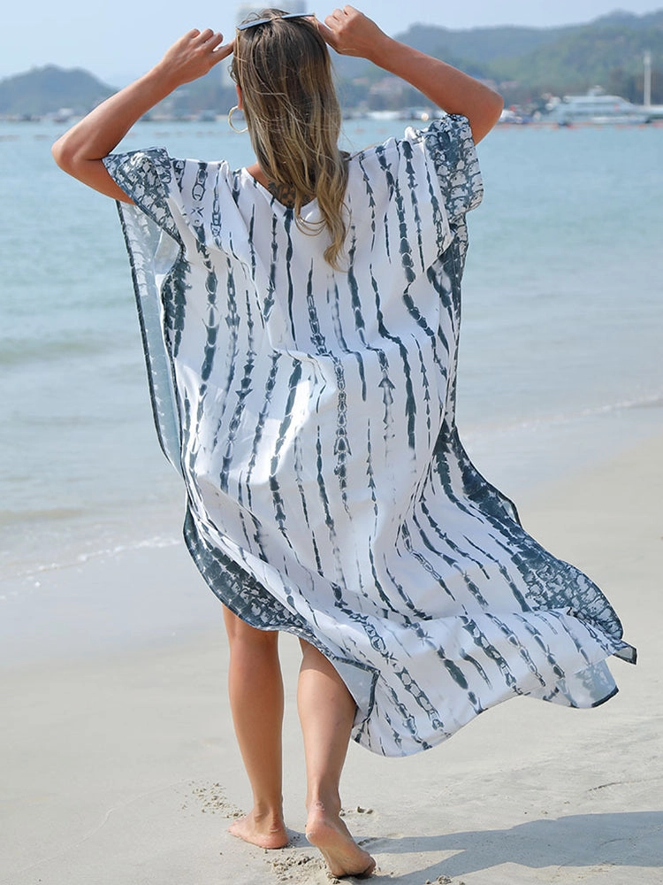 Women Print Beach Kaftan Dress Short Sleeve Plus Size Bathing Suit Cover Ups